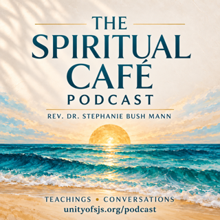 The Spiritual Café Podcast logo with Rev. Dr. Stephanie Bush Mann over an ocean sunrise