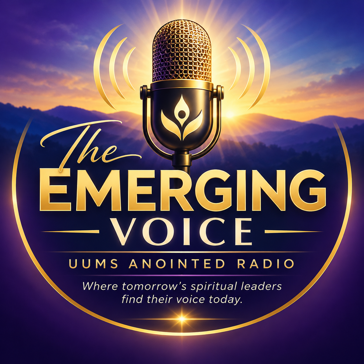 The Emerging Voice show logo, featuring a golden microphone over a sunrise with the tagline “Where tomorrow’s spiritual leaders find their voice today.”