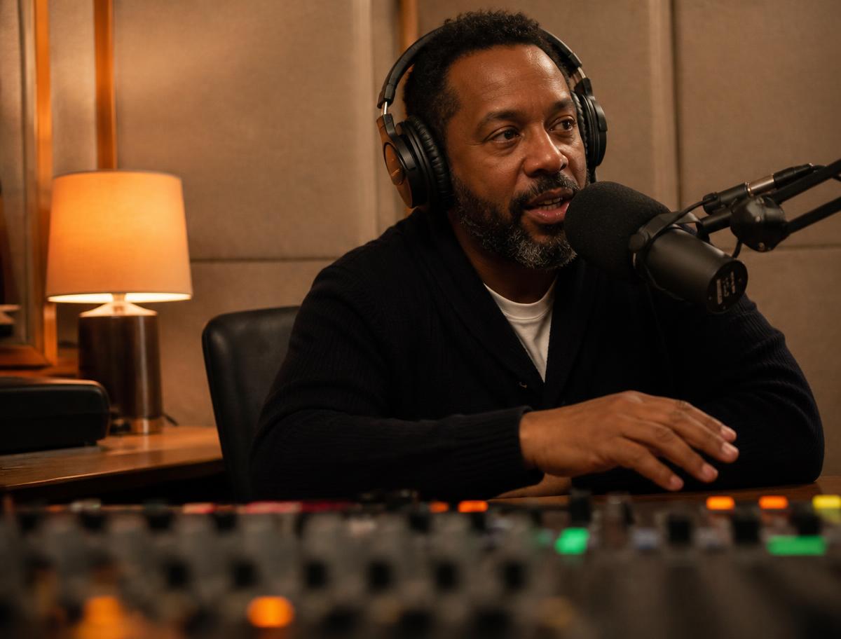 A host wearing headphones speaking into a studio microphone during a UUMS Anointed Radio broadcast
